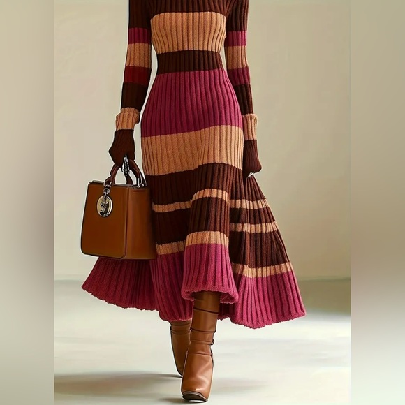 Striped Multicolor Sweater Knit Dress High Neck New Boutique - Picture 3 of 6